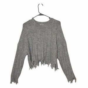 DOUBLE ZERO Gray Distressed Crewneck Sweater Drop Shoulder Rib Knit Size Medium